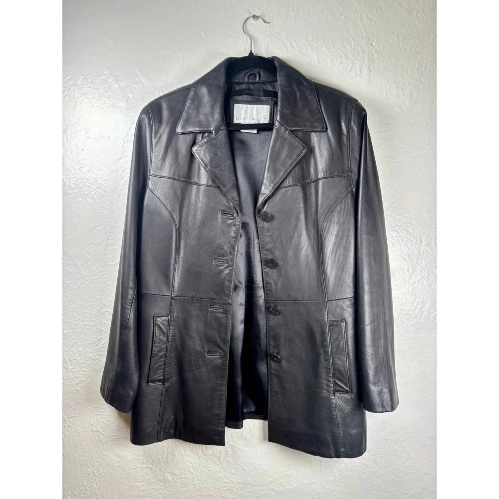Genuine Leather Womans Black Button Front‎ Blazer Coat Size M Mob Wife Moto Edgy